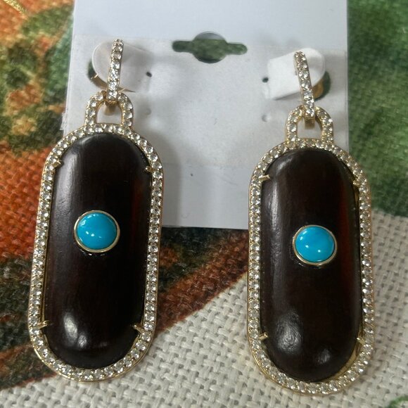 Rarities Carol Brodie Gold Plated Turquoise Colored MAGNESITE WOOD Earrings NWT - Picture 7 of 7